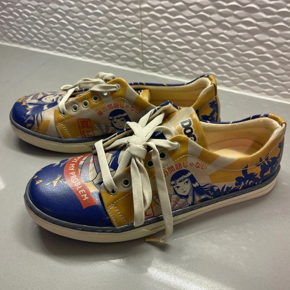 DOGO Not My Problem Anime Graphic Sneakers Blue Yellow Vegan Leather 6.5 - 7 NWT